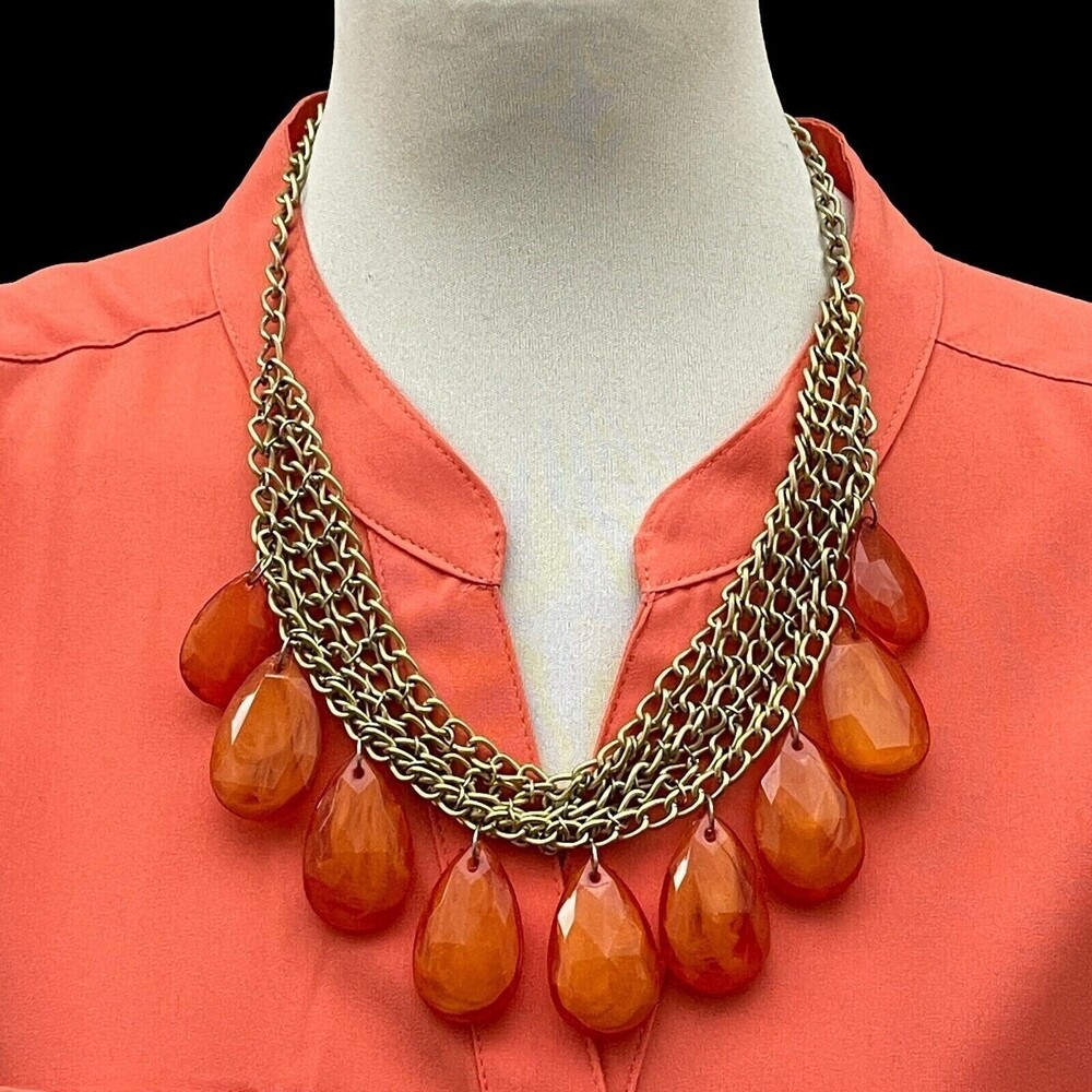 Gold-tone Chains Orange Teardrops Women's‎ Fashion Necklace